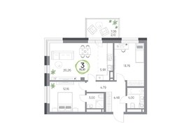 Продается 3-комнатная квартира ЖК Юдинский, дом 1.3, 70.37 м², 8324771 рублей