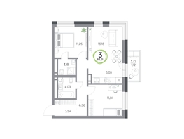 Продается 3-комнатная квартира ЖК Юдинский, дом 1.4, 63.21 м², 7806435 рублей