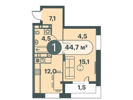 Продается 1-комнатная квартира ЖК Три Клёна, дом 1, 44.7 м², 6928500 рублей