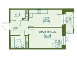 Продается 1-комнатная квартира ЖК Univers (Универс), 4 квартал, 43.07 м², 7623390 рублей