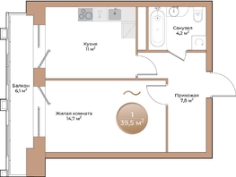 Продается 1-комнатная квартира ЖК Небо над Енисеем, 39.5  м², 7623500 рублей