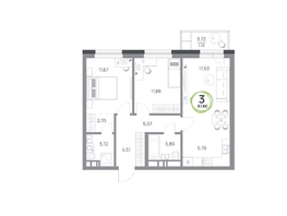 Продается 3-комнатная квартира ЖК Юдинский, дом 1.4, 67.6  м&sup2;, 9518080 рублей