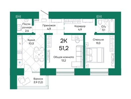 Продается 2-комнатная квартира ЖК Широта, корпус 2, 51.2  м², 7260160 рублей