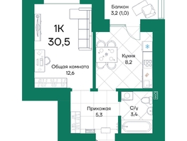Продается 1-комнатная квартира ЖК Широта, корпус 1, 30.5 м², 5160600 рублей