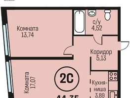Продается 2-комнатная квартира ЖК Адалин на Южном, дом 15 корпус 5, 44.35 м², 5011550 рублей
