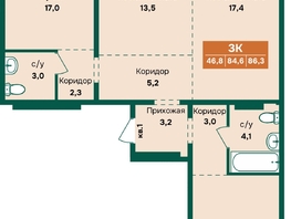 Продается 3-комнатная квартира ЖК Камчатка, корпус 5, 86.3  м&sup2;, 9495000 рублей