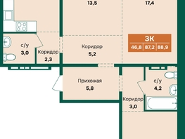 Продается 3-комнатная квартира ЖК Камчатка, корпус 5, 88.9  м&sup2;, 9300000 рублей