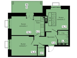 Продается 3-комнатная квартира ЖК Зеленые кварталы, 3 оч, корпус 1, 67.3 м², 9489300 рублей