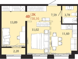 Продается 2-комнатная квартира ЖК 1661, 50.16  м&sup2;, 10383120 рублей