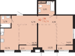 Продается 3-комнатная квартира ЖК 1661, 76.74  м&sup2;, 16268880 рублей