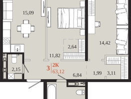 Продается 2-комнатная квартира ЖК 1661, 63.12  м&sup2;, 12245280 рублей