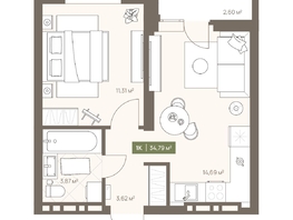 Продается 1-комнатная квартира ЖК НОВА на Московском, 34.79  м&sup2;, 7055412 рублей