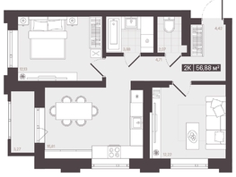 Продается 2-комнатная квартира  Жилой квартал «Моне», 56.88  м², 9453456 рублей