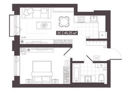 Продается 2-комнатная квартира  Жилой квартал «Моне», 45.25  м&sup2;, 6722565 рублей