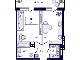 Продается 1-комнатная квартира ЖК Luna (Луна), 43.1  м², 7700000 рублей