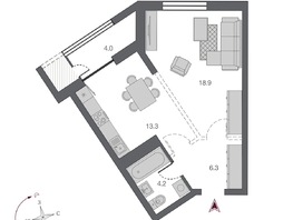 Продается 1-комнатная квартира ЖК Беринг, дом 2, 42.7 м², 9050000 рублей