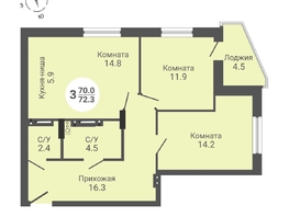Продается 3-комнатная квартира ЖК На Петухова, дом 2, 72.3 м², 7040000 рублей