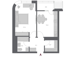 Продается 1-комнатная квартира ЖК Беринг, дом 3, 46.92  м², 8775000 рублей