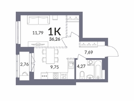 Продается 1-комнатная квартира ЖК Горская Лагуна, корпус 2, 36.26  м², 8803000 рублей