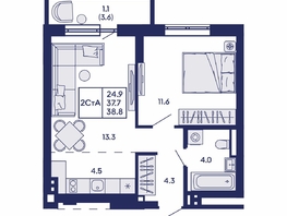 Продается 2-комнатная квартира ЖК Горизонт, дом 2, 38.8  м&sup2;, 6850000 рублей