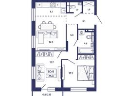 Продается 3-комнатная квартира ЖК Сподвижники, дом 2, 65.6  м&sup2;, 7650000 рублей