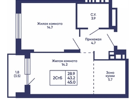 Продается 2-комнатная квартира ЖК Сподвижники, дом 3, 45  м&sup2;, 6050000 рублей