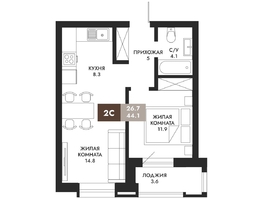 Продается 2-комнатная квартира ЖК Паскаль, секция 3, 44.1  м&sup2;, 9349200 рублей