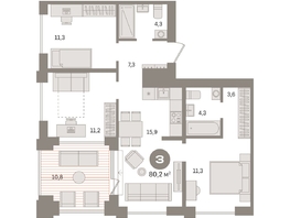 Продается 3-комнатная квартира ЖК Пшеница, дом 2.2, 80.17  м&sup2;, 12420000 рублей