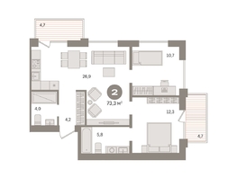 Продается 2-комнатная квартира ЖК Пшеница, дом 2.2, 73.29  м&sup2;, 10670000 рублей