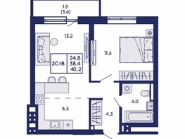 Продается 2-комнатная квартира ЖК Горизонт, дом 2, 40.2  м&sup2;, 6900000 рублей