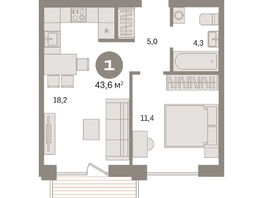 Продается 1-комнатная квартира ЖК Пшеница, дом 2.2, 43.61  м&sup2;, 5430000 рублей