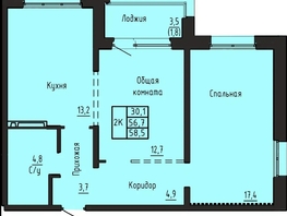 Продается 2-комнатная квартира ЖК Акварельный 4.0, 58.5  м&sup2;, 6660000 рублей