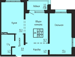 Продается 2-комнатная квартира ЖК Акварельный 4.0, 58.7  м&sup2;, 6640000 рублей