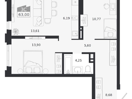 Продается 3-комнатная квартира ЖК Ясный берег, дом 20, 63  м&sup2;, 11498000 рублей