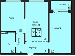 Продается 2-комнатная квартира ЖК Акварельный 4.0, 63.4  м&sup2;, 7150000 рублей
