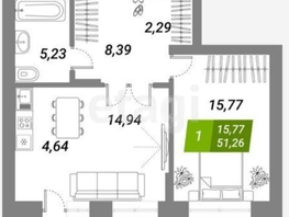 Продается 1-комнатная квартира ЖК Бирюзовая жемчужина-2, 51.26  м&sup2;, 9800000 рублей