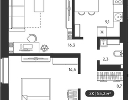 Продается 2-комнатная квартира ЖК Черемушки на Приморской, 55.2  м&sup2;, 7600000 рублей