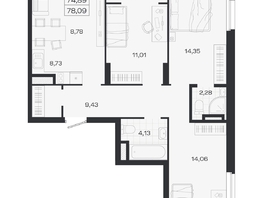 Продается 4-комнатная квартира ЖК Ясный берег, дом 19, бс 2-5, 78.09  м&sup2;, 13175000 рублей