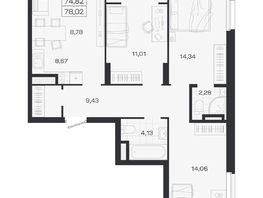 Продается 4-комнатная квартира ЖК Ясный берег, дом 19, бс 2-5, 78.02  м&sup2;, 13276000 рублей