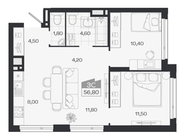 Продается 3-комнатная квартира ЖК Ясный берег, дом 33, 56.8  м&sup2;, 9490000 рублей
