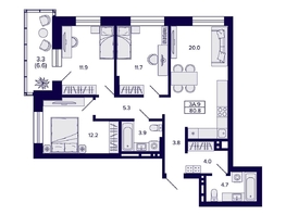 Продается 3-комнатная квартира ЖК Сподвижники, дом 1, 80.8  м&sup2;, 9700000 рублей