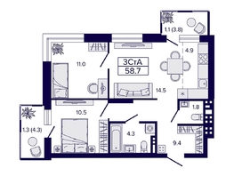 Продается 3-комнатная квартира ЖК Луна, 58.7  м&sup2;, 9200000 рублей