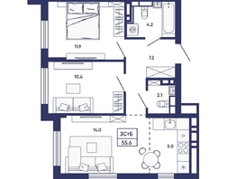 Продается 3-комнатная квартира ЖК Сподвижники, дом 3, 55.6  м&sup2;, 7750000 рублей