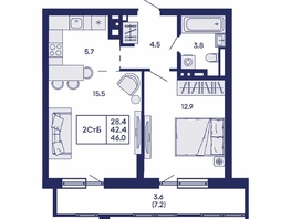 Продается 2-комнатная квартира ЖК Горизонт, дом 2, 42.1  м&sup2;, 7150000 рублей