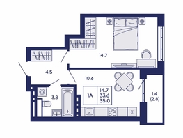 Продается 1-комнатная квартира ЖК Горизонт, дом 2, 35  м&sup2;, 5950000 рублей