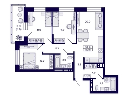 Продается 3-комнатная квартира ЖК Сподвижники, дом 1, 80.8  м&sup2;, 11650000 рублей