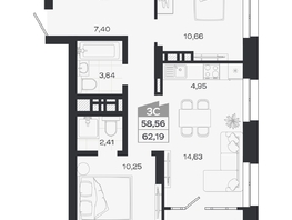 Продается 3-комнатная квартира ЖК Квартал 54, дом 1, 58.53  м&sup2;, 10477000 рублей