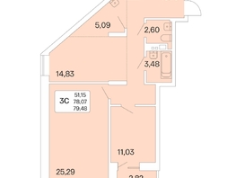 3-комнатная квартира, 79.48 м², 13/22 этаж