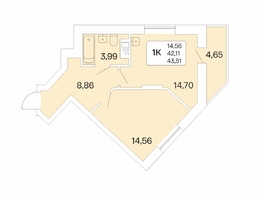 1-комнатная квартира, 43.51 м², 14/22 этаж