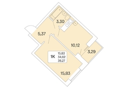 1-комнатная квартира, 36.27 м², 17/22 этаж
